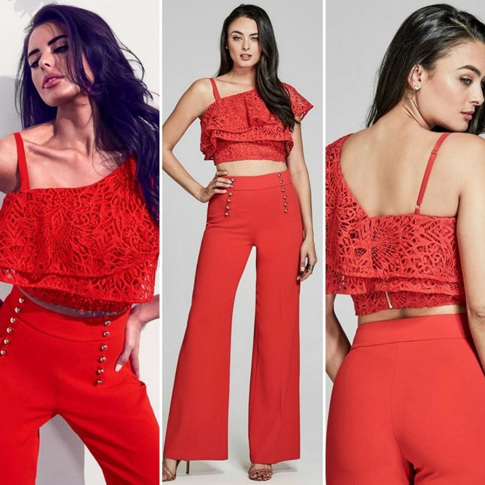 Marciano Redoriana Macramé One Shoulder Ruffled Red Lace One-Shoulder Top